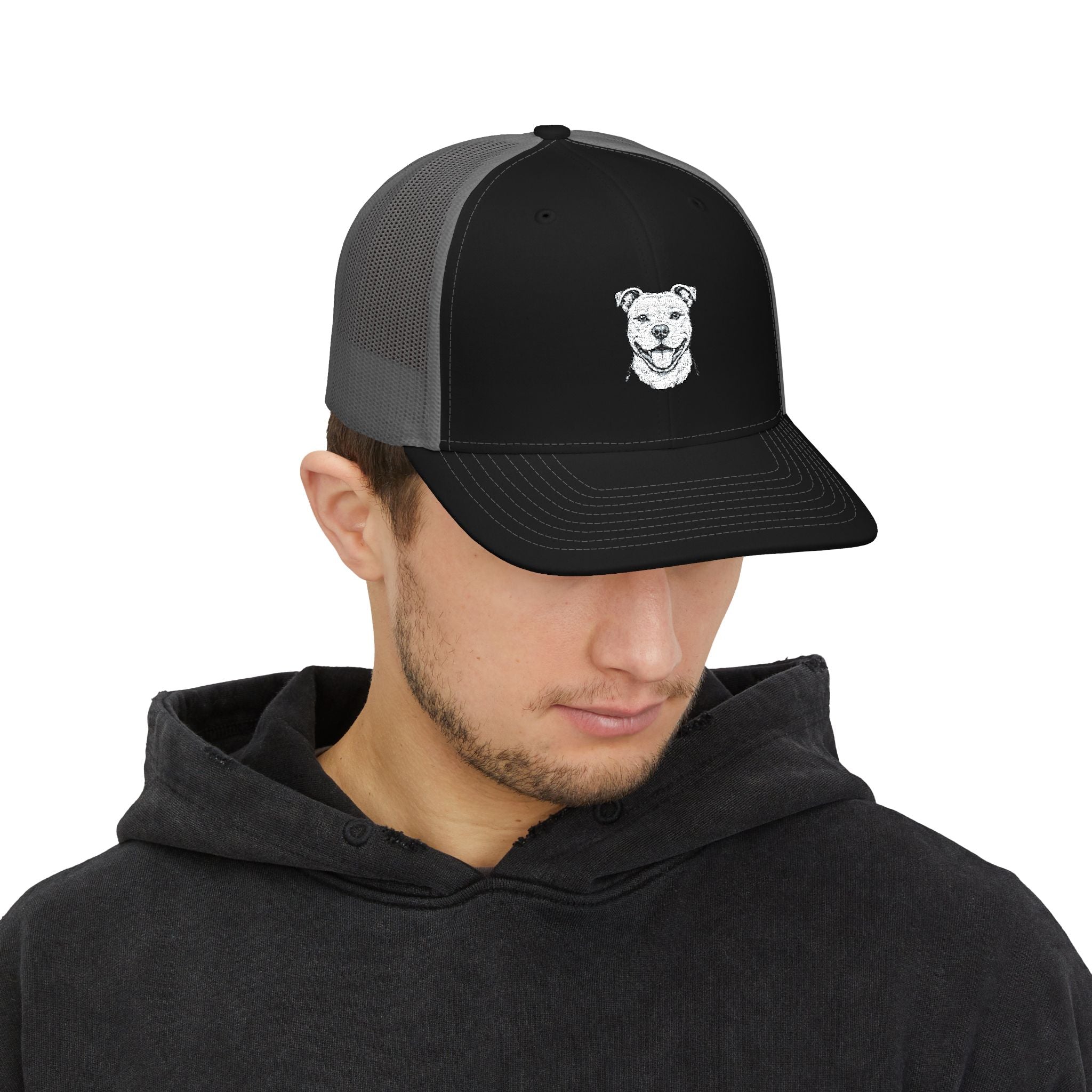 Embroidered Pitbull Trucker Hat — Black/White Snapback Cap
