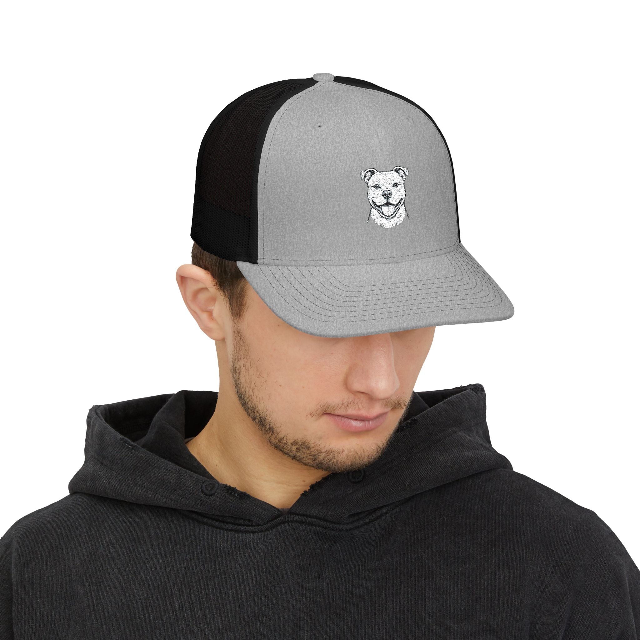 Embroidered Pitbull Trucker Hat — Black/White Snapback Cap