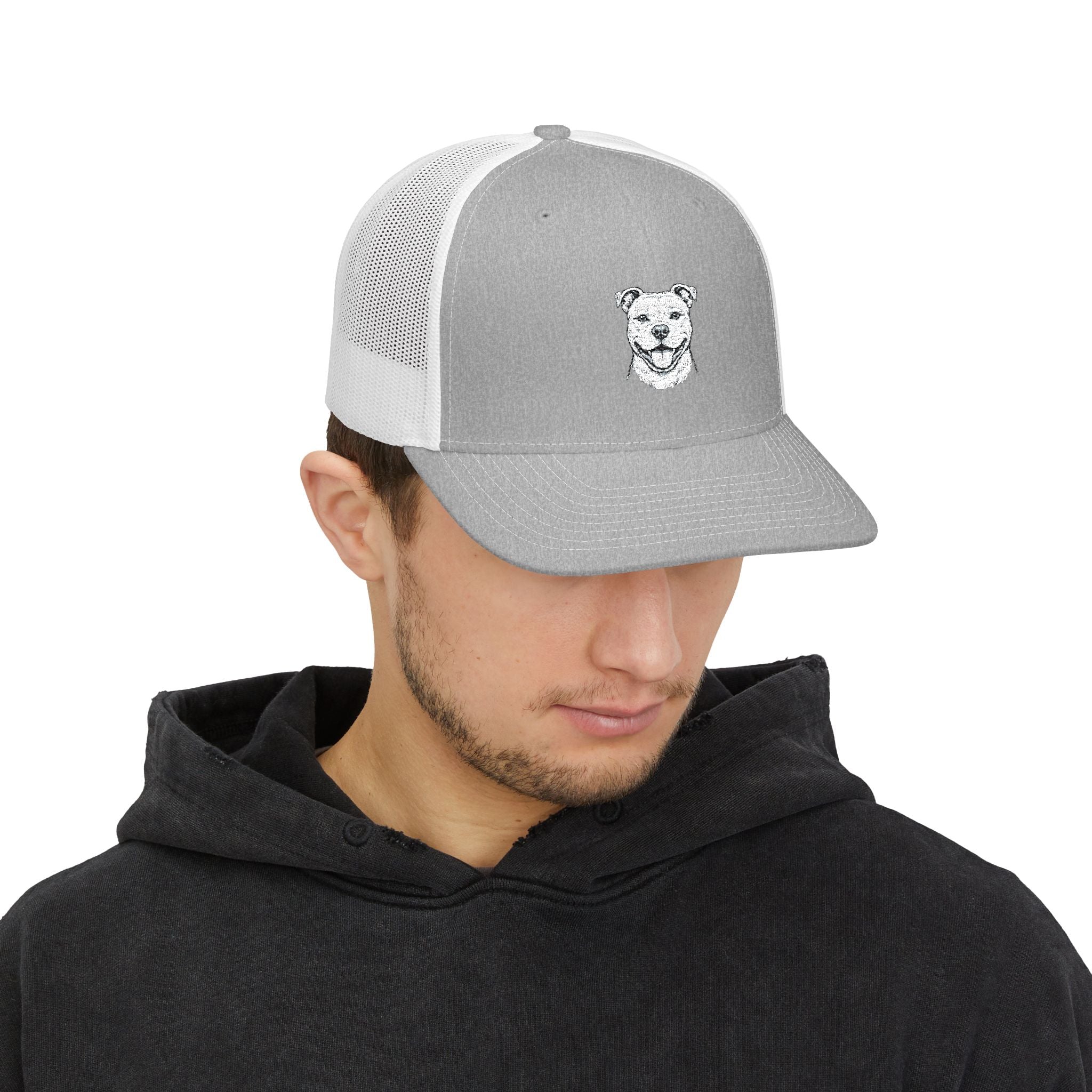 Embroidered Pitbull Trucker Hat — Black/White Snapback Cap