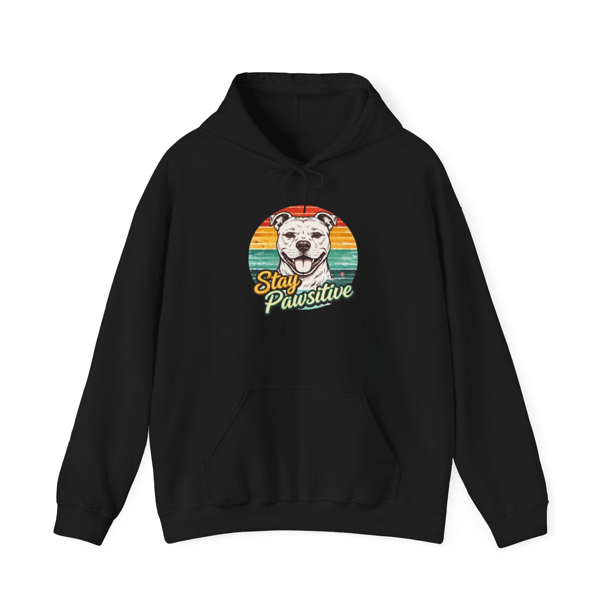Stay Pawsitive Dog Hoodie — Retro Sun Graphic Sweatshirt for Dog Lovers