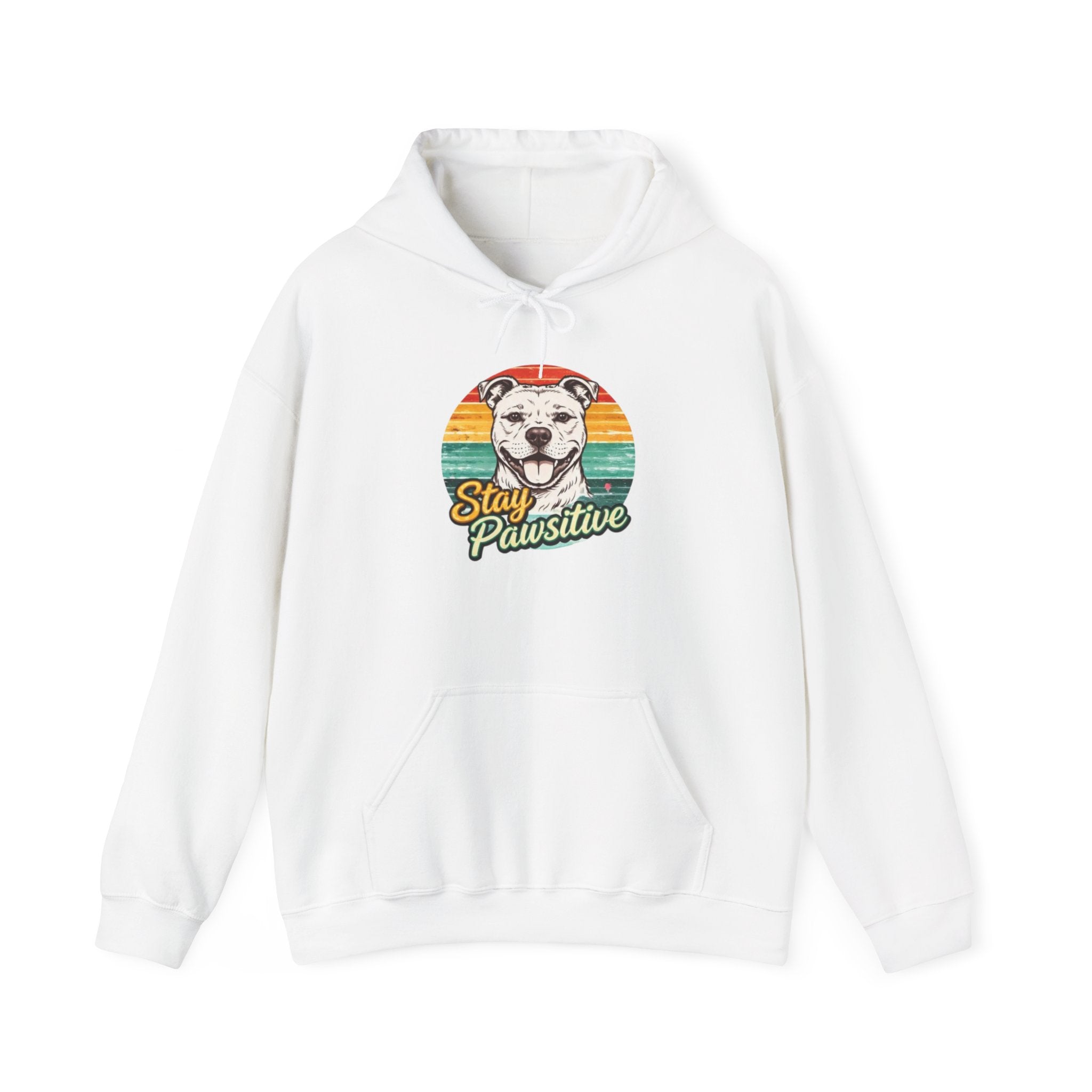 Stay Pawsitive Dog Hoodie — Retro Sun Graphic Sweatshirt for Dog Lovers