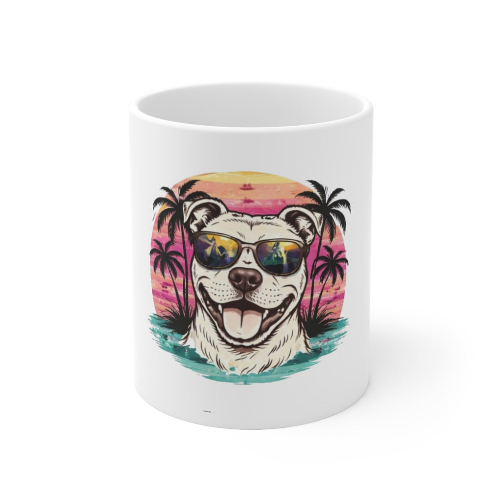 Retro Beach Dog Coffee Mug — Happy Pup with Sunglasses, 11oz & 15oz