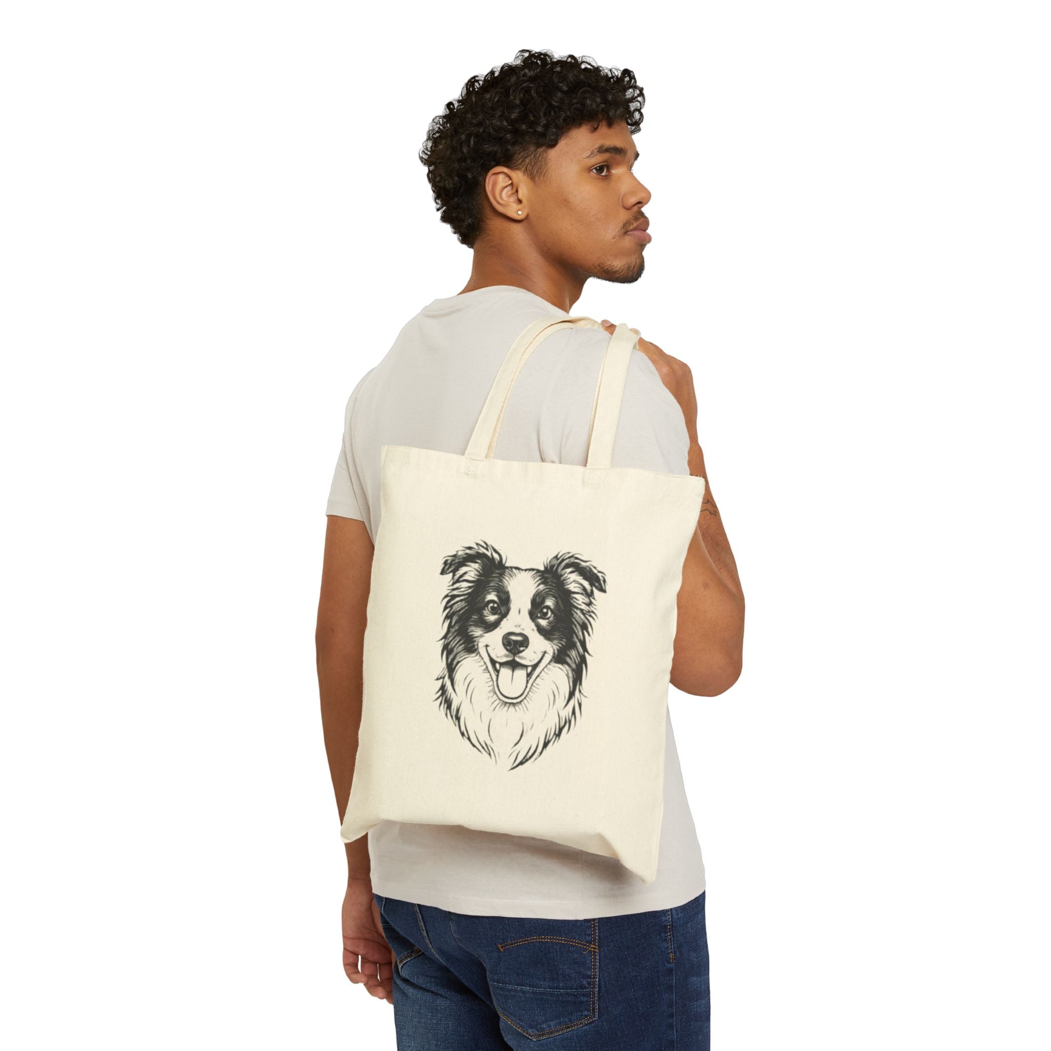 Tote Bag — Smiling Border Collie Illustration Cotton Canvas Tote