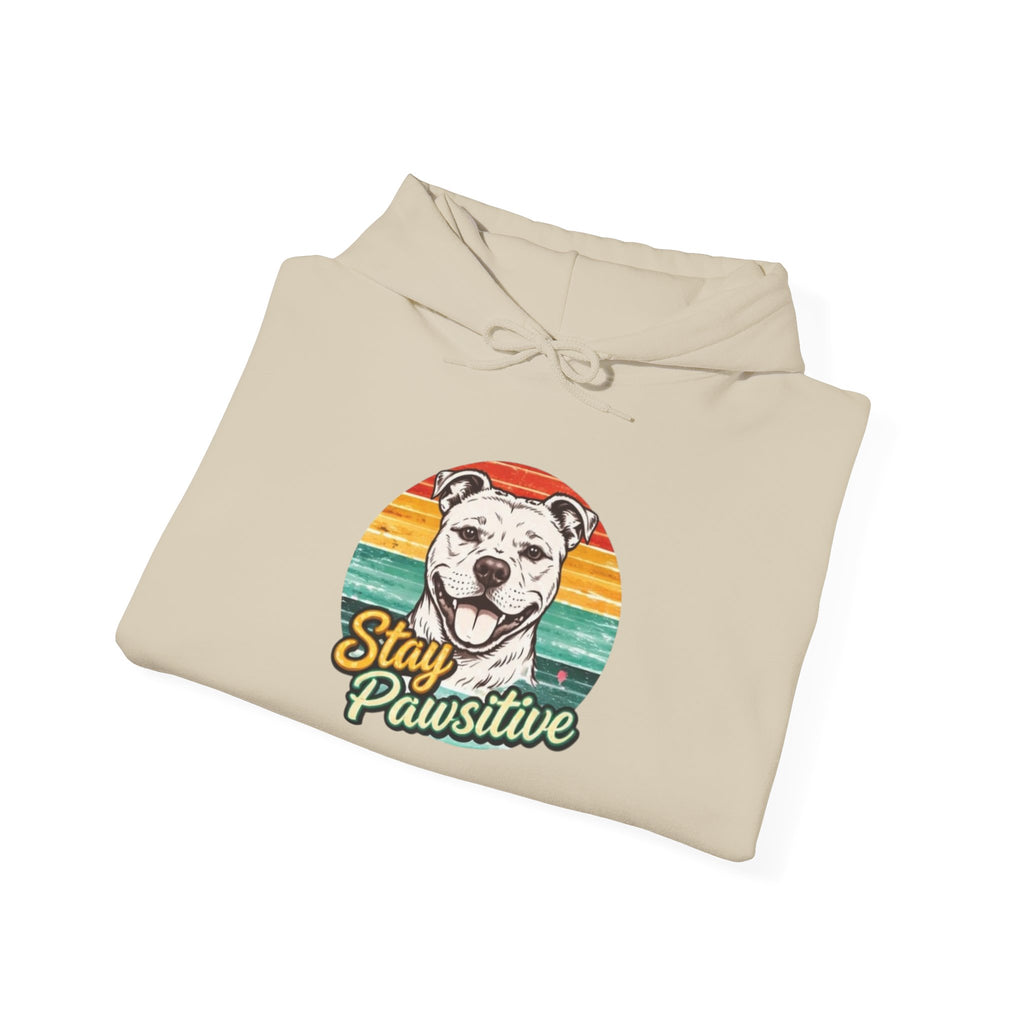 Stay Pawsitive Dog Hoodie — Retro Sun Graphic Sweatshirt for Dog Lovers