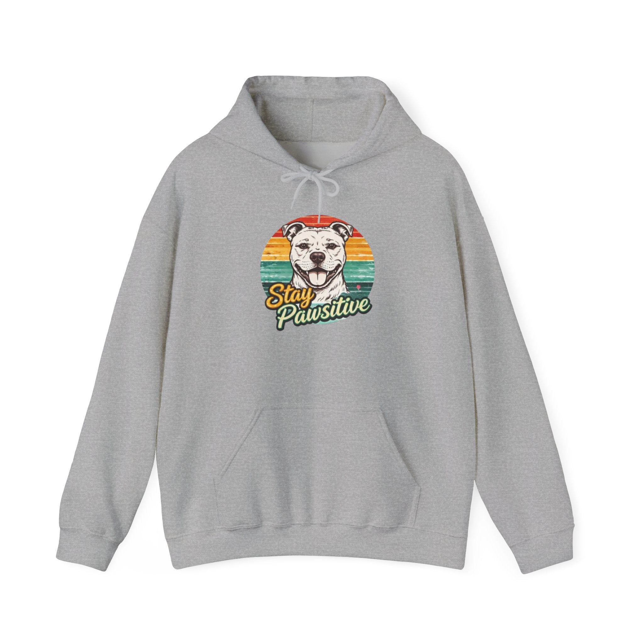 Stay Pawsitive Dog Hoodie — Retro Sun Graphic Sweatshirt for Dog Lovers