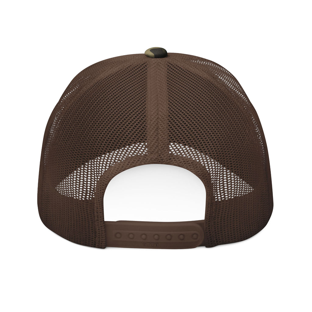 Camo Trucker Hat — Embroidered Skull Patch, Outdoor Hunting & Casual Cap