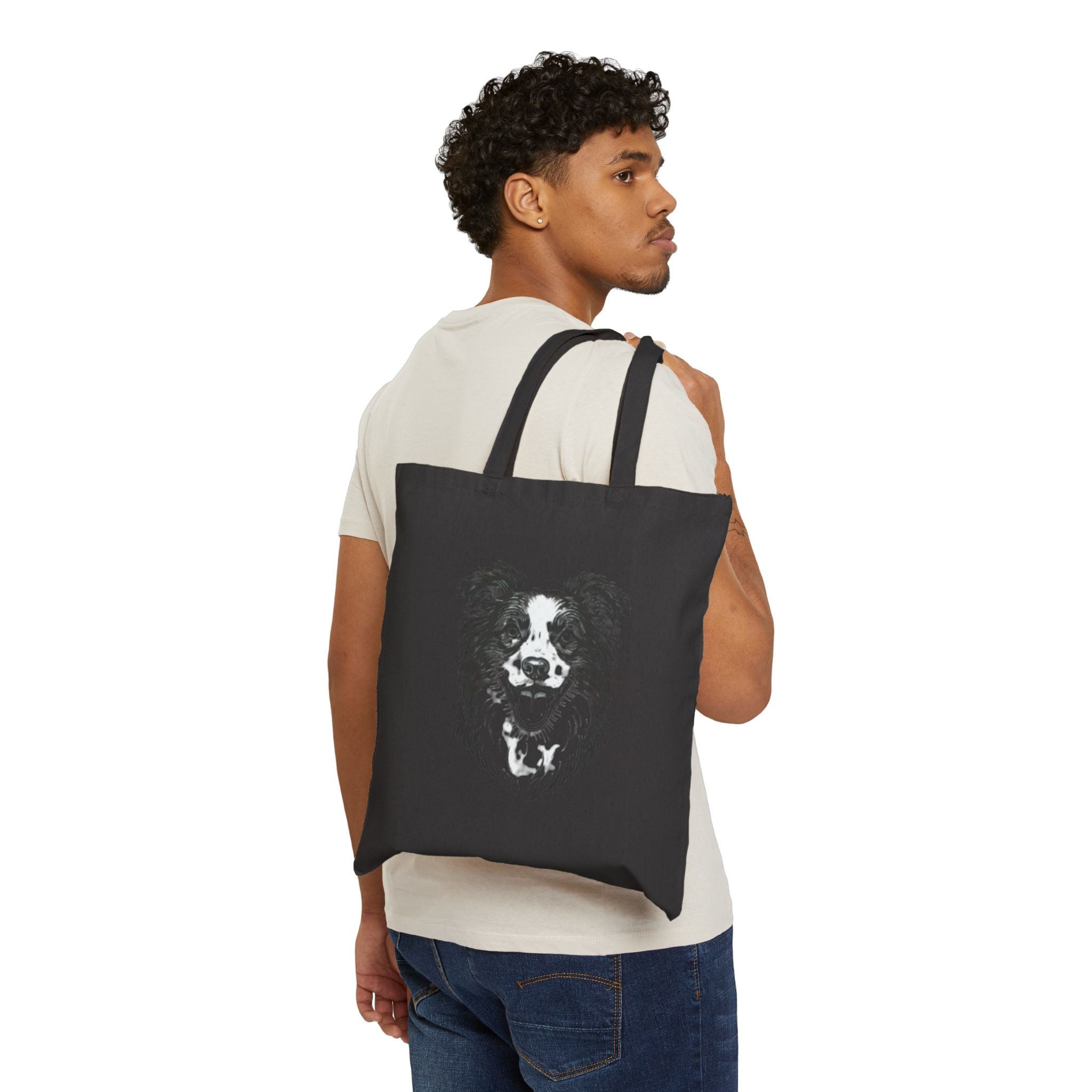 Tote Bag — Smiling Border Collie Illustration Cotton Canvas Tote