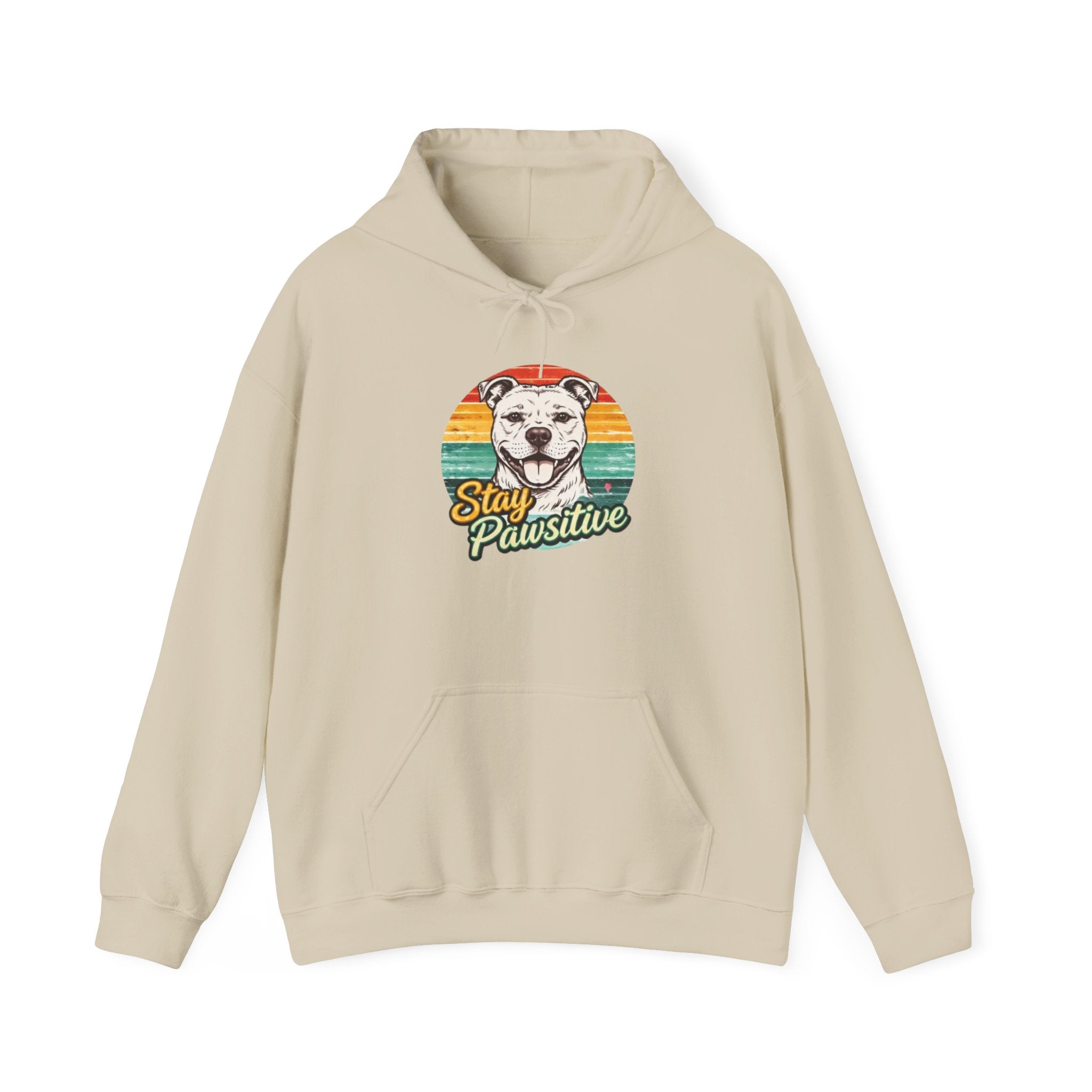 Stay Pawsitive Dog Hoodie — Retro Sun Graphic Sweatshirt for Dog Lovers
