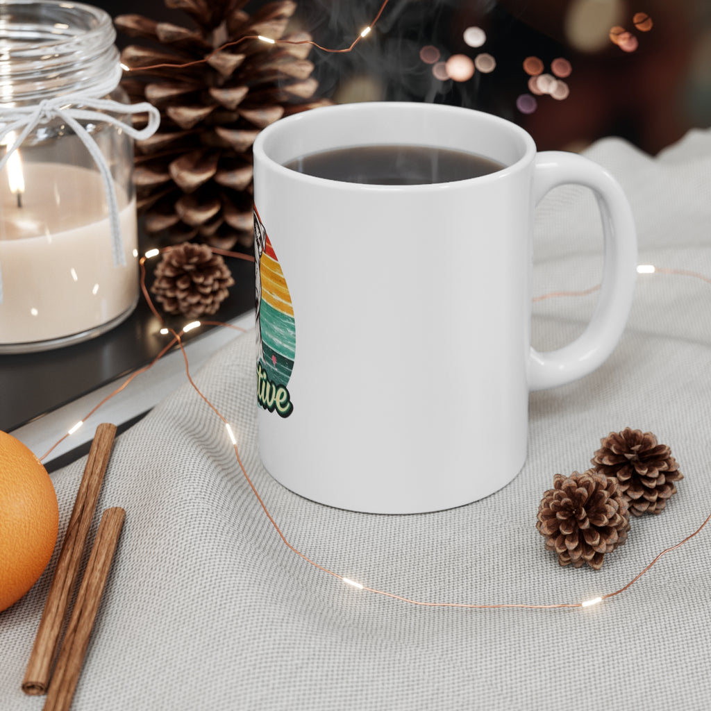 Stay Pawsitive Dog Mug — Retro Rainbow Ceramic Coffee Cup (11oz & 15oz)