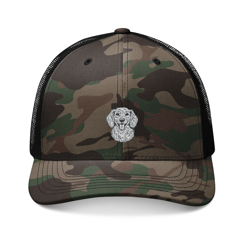 Camo Trucker Hat — Embroidered Skull Patch, Outdoor Hunting & Casual Cap