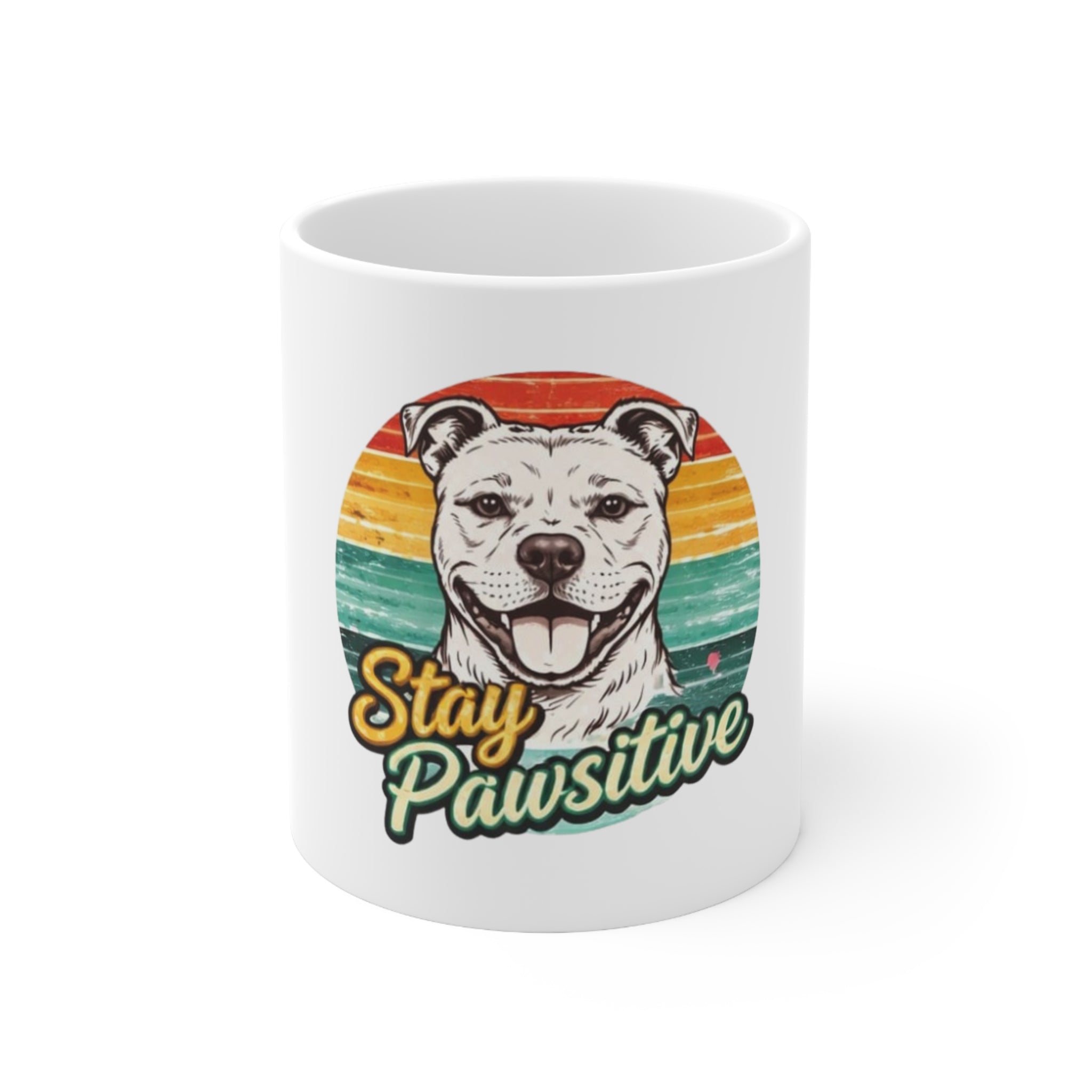 Stay Pawsitive Dog Mug — Retro Rainbow Ceramic Coffee Cup (11oz & 15oz)